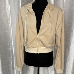 Milanpavilion Full Zip Crop Hoodie Women’s L Pull String Hoodie Pockets Tan